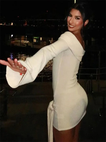 Lace-Up Ribbed Patchwork Knit Party Dress