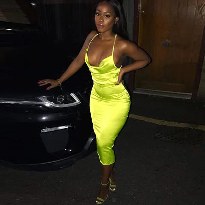 Neon Satin Lace Up Backless Midi Dress