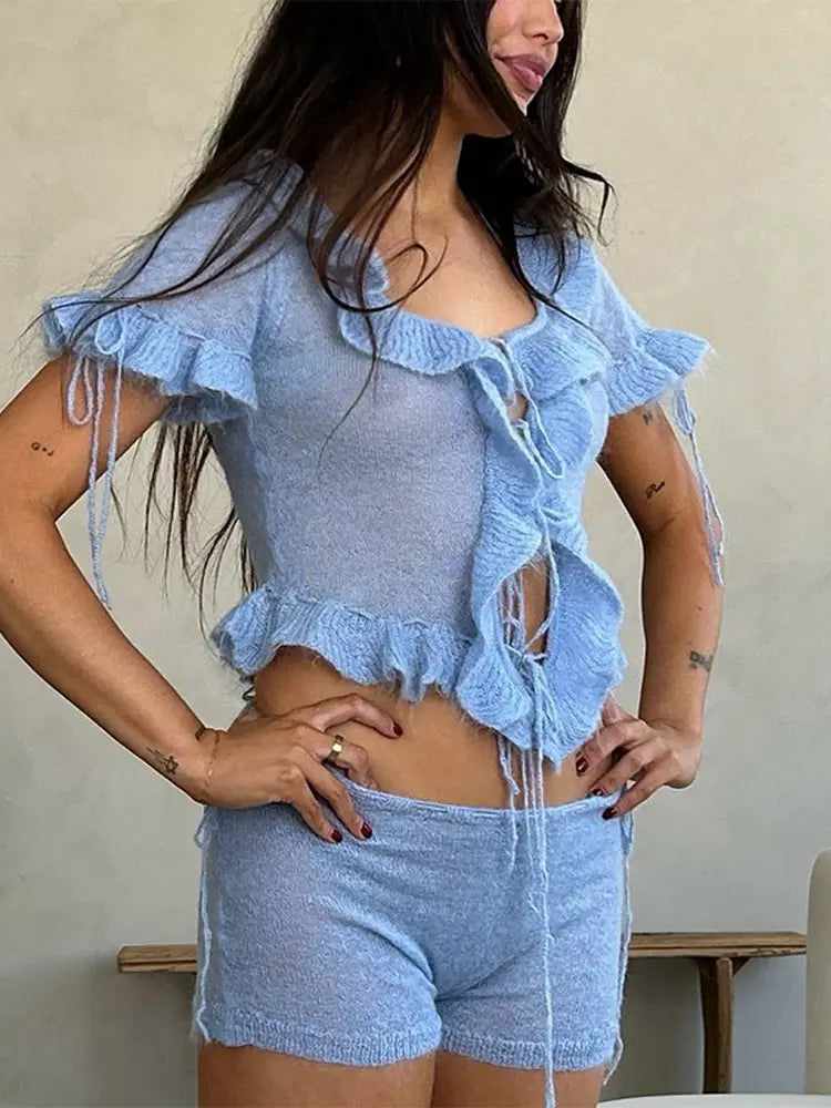 Lace Up Solid Sleeve Shorts Knit Set