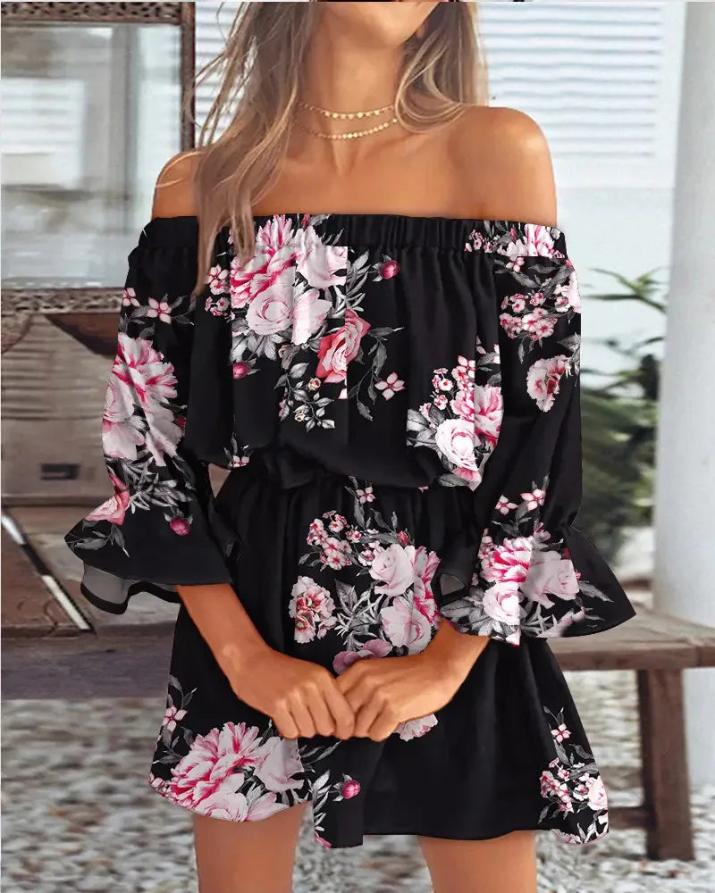 Slash Neck Flare Sleeve Mini Floral Dress