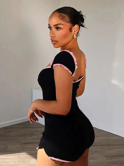 Patchwork Lace Trim Square Neck Romper