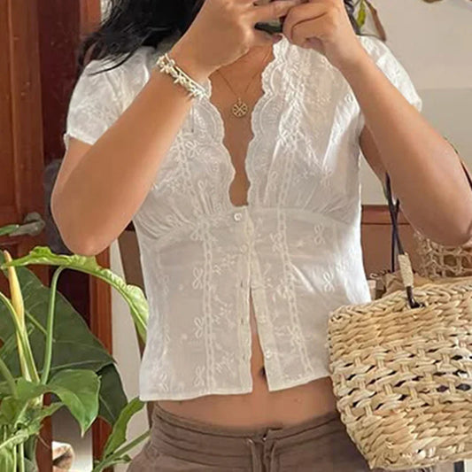 Y2K Bow Puff Sleeve Cardigan Blouse