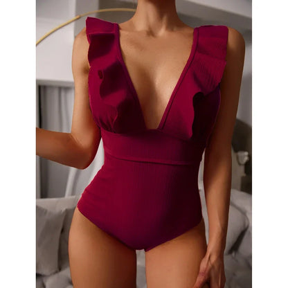 Ruffle Deep V Bodysuit One Piece Swimwear