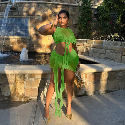 Mesh Ruffle Luxury Beach Elegant Two Piece Skirt Set