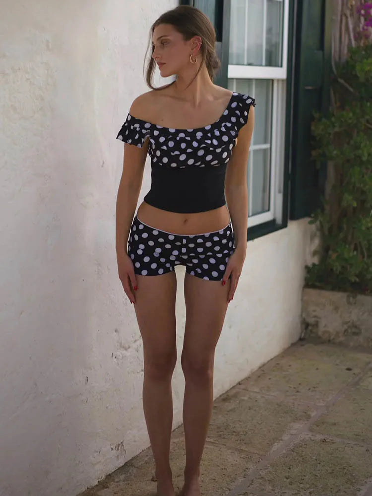 Polka Dot Patchwork Sleeveless Tank Top Two Piece Shorts Set