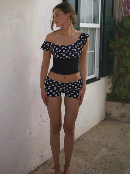 Polka Dot Patchwork Sleeveless Tank Top Two Piece Shorts Set