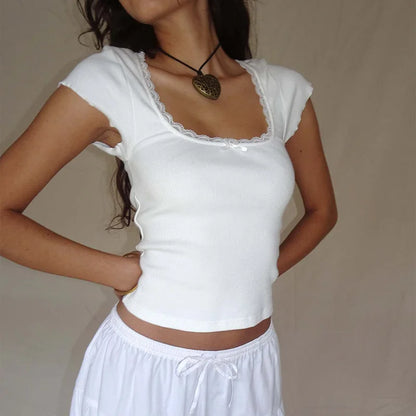 Lace Trim Knitted Cottage Baby Tee Crop Top
