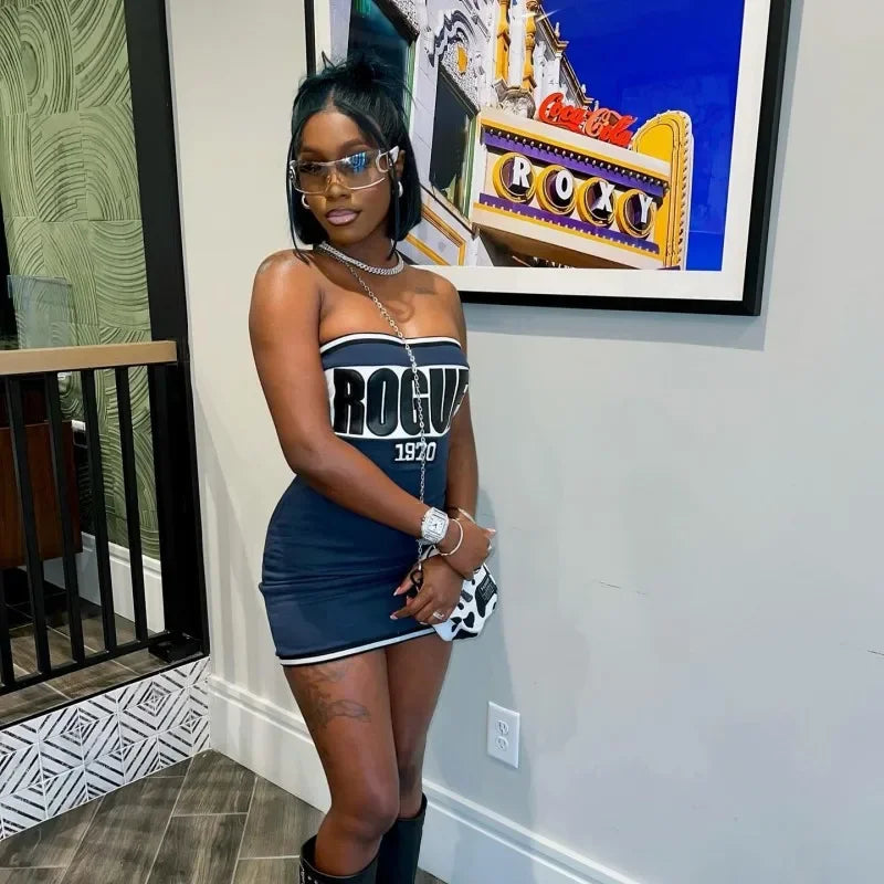 Letter Print Strapless Slim Party Dress