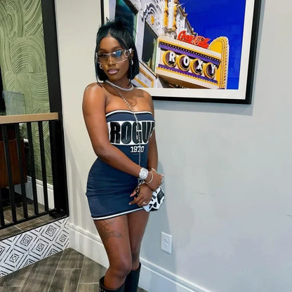 Letter Print Strapless Slim Party Dress