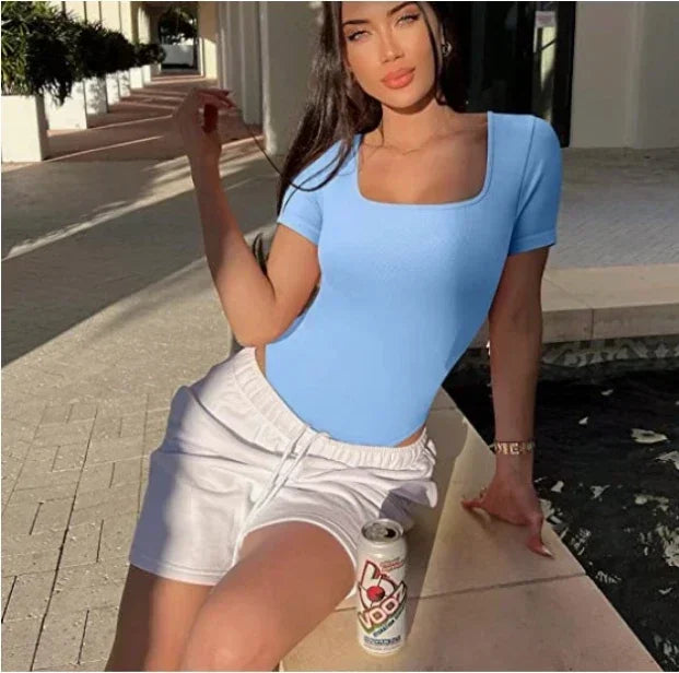 Ribbed Square Neck Sexy Thong Bodysuit Crop Top