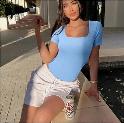 Ribbed Square Neck Sexy Thong Bodysuit Crop Top