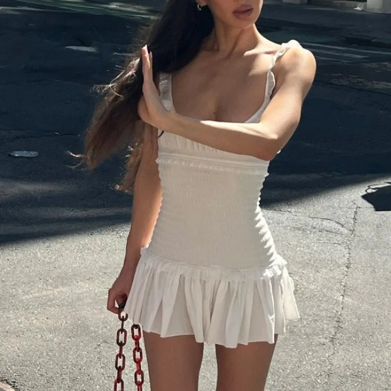 Pleated Solid Halter Backless Mini Dress