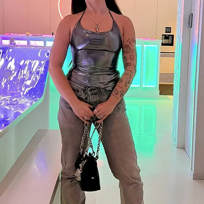 Solid Slim Fit Backless Y2K Lace-up Cami Top