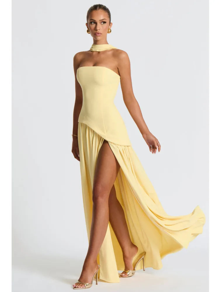Strapless Pleated Slit Party Evening Midi Dress