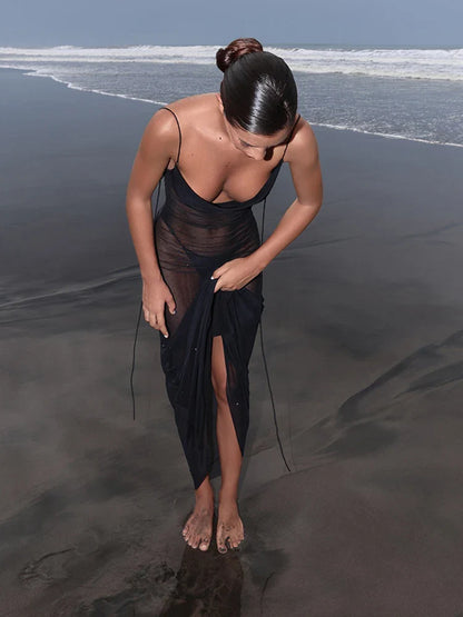 Sheer Mesh Swing Neck Midi Dress