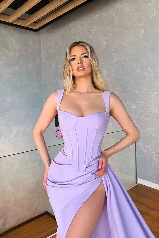 Purple Satin Split Mermaid Party Dress