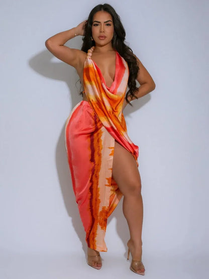 Tie Dye Halter Deep V-Neck Backless Midi Dress