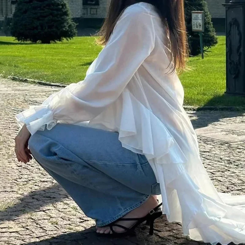 Ruffles V-neck Long Sleeve Casual Blouse