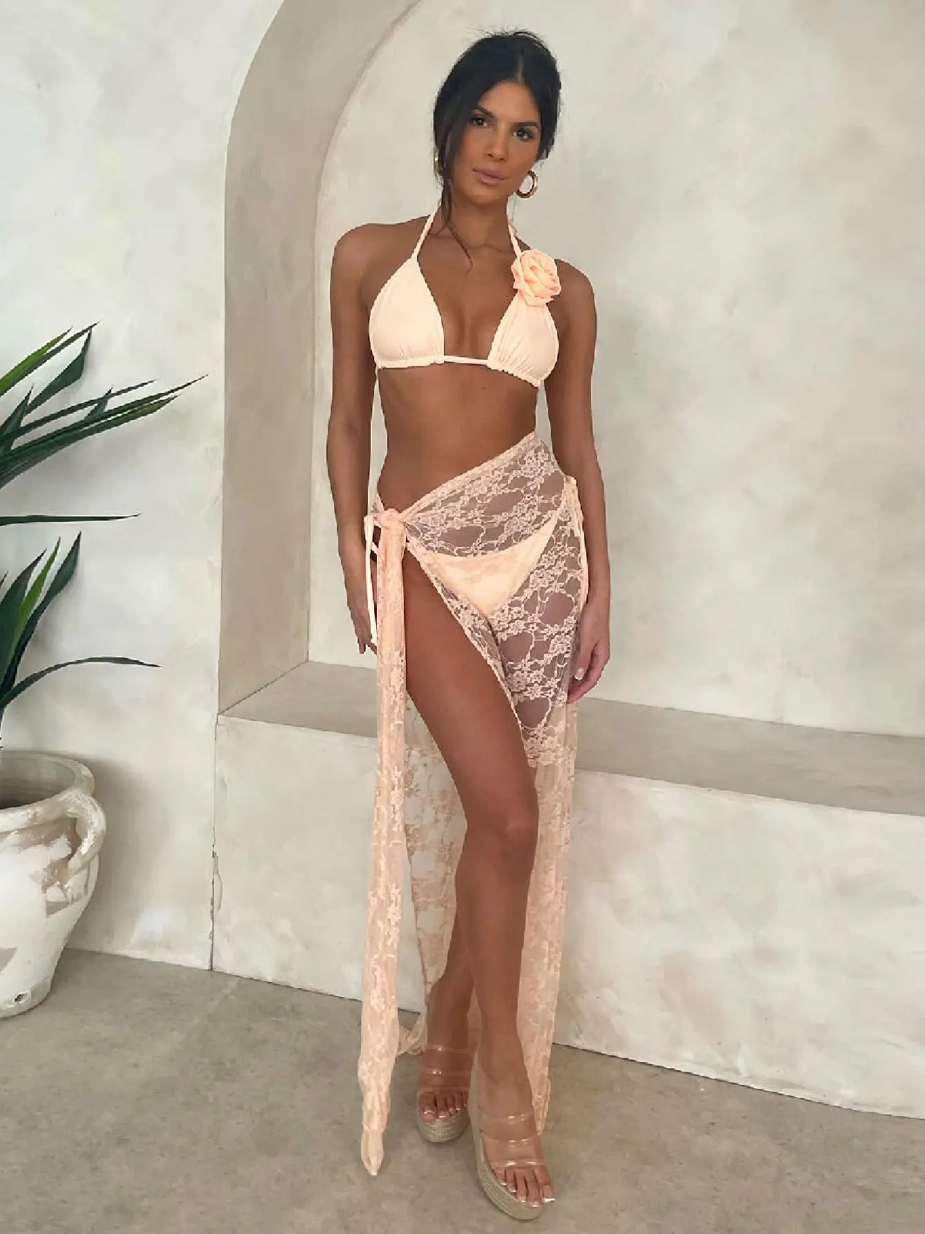 Solid Padded Bra Tassel High Waist Skirt Three Piece Swim Sets