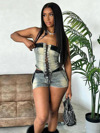 Denim Leather Edging Strapless Top Vintage Two Piece Shorts Set