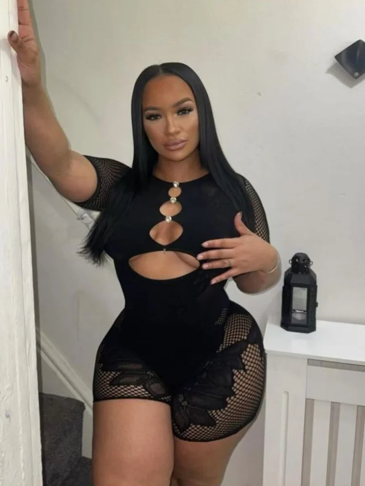 Print Hollow O-neck Short Sleeve Romper