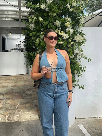 Denim Deep V-neck Backless Halter Lace-up Cami Top