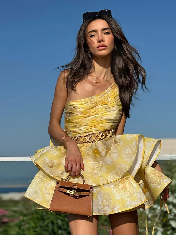 Single Shoulder Pleated Floral Dress