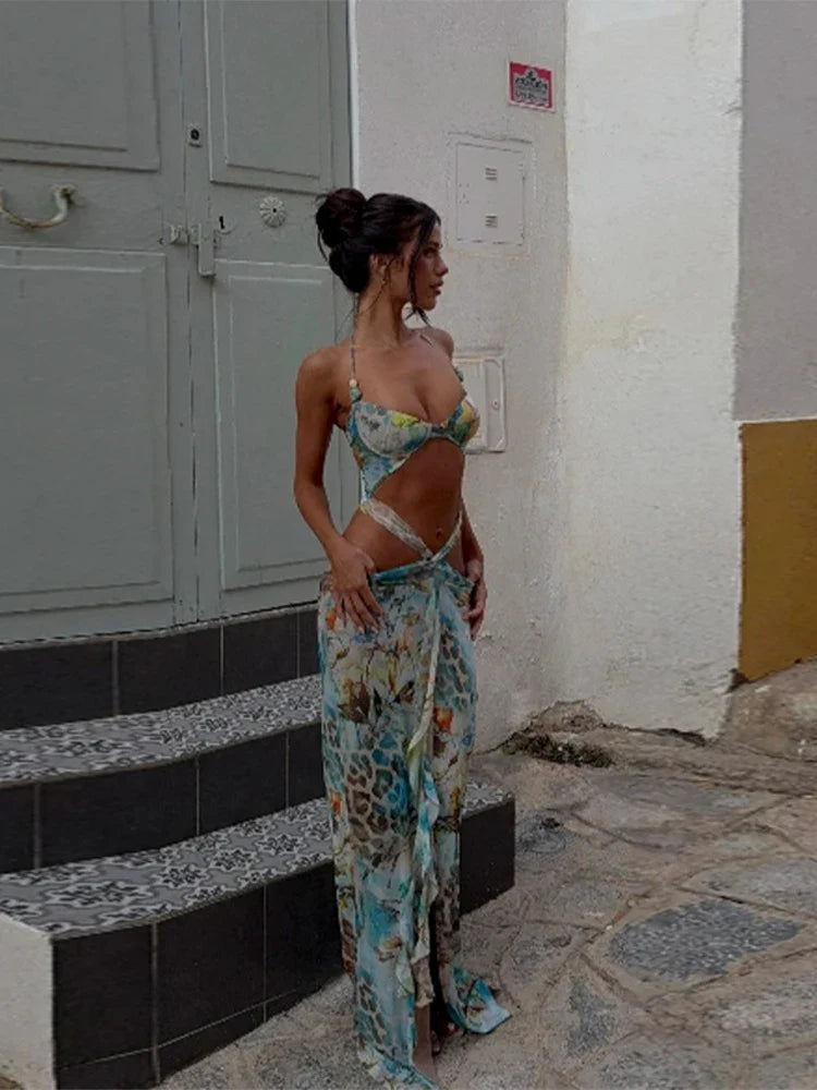 Halter Lace-up Cutout Maxi Floral Dress