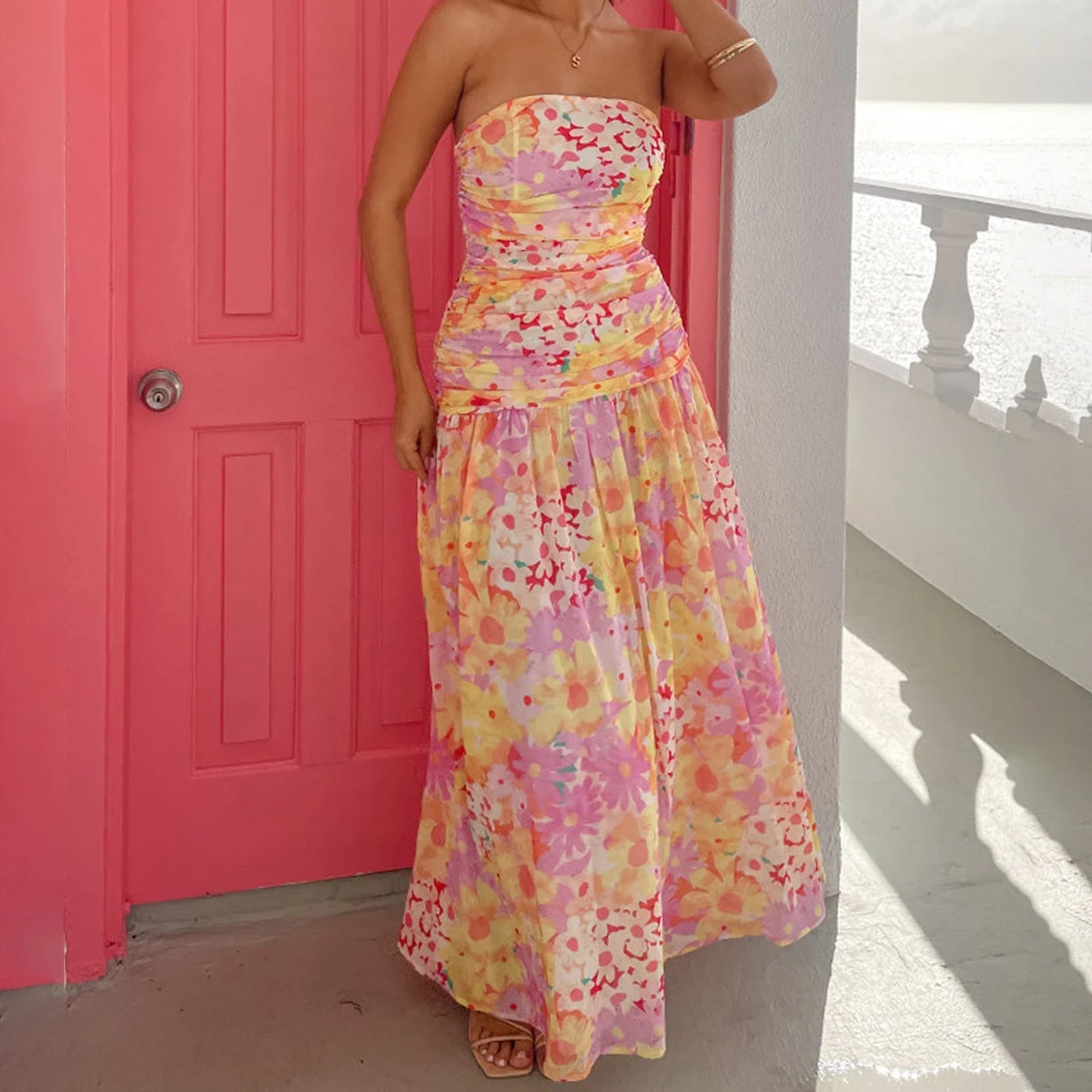 Strapless Pleated A-Line Floral Dress