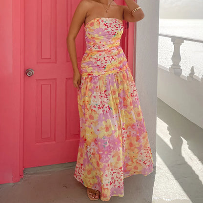 Strapless Pleated A-Line Floral Dress