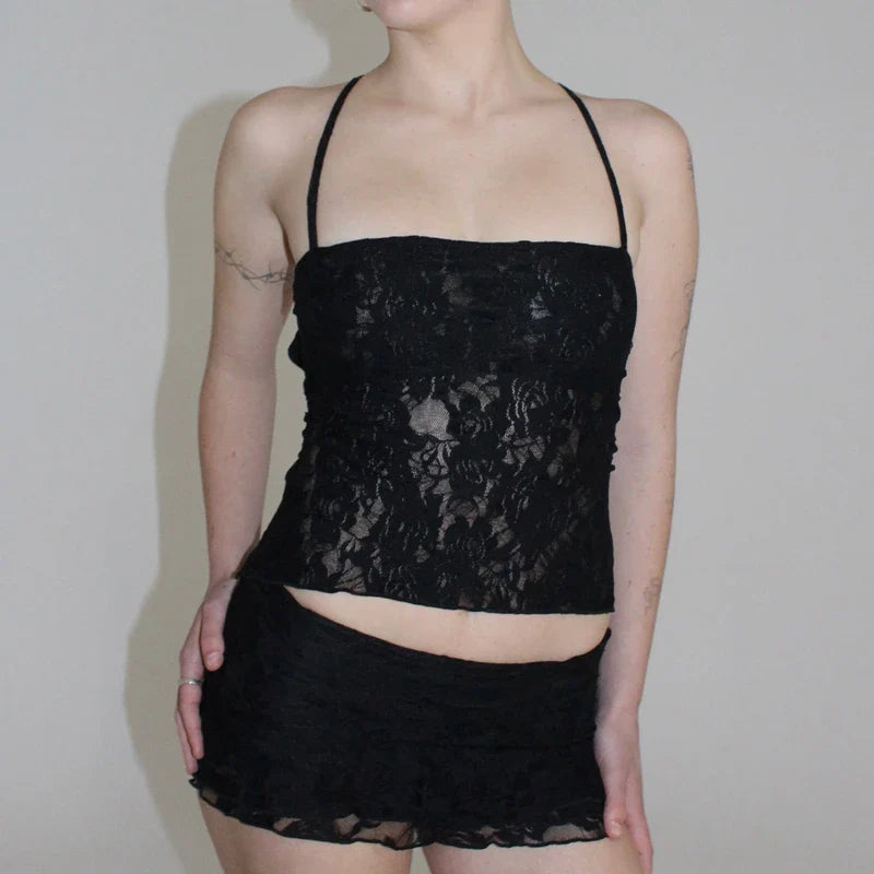 Lace Fairy Tie-Up Sleeveless Low Rise Mini Two Piece Skirt Set