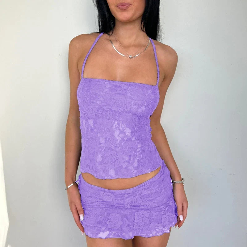 Lace Fairy Tie-Up Sleeveless Low Rise Mini Two Piece Skirt Set