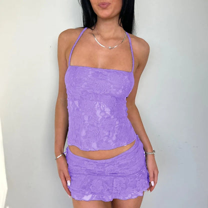 Lace Fairy Tie-Up Sleeveless Low Rise Mini Two Piece Skirt Set