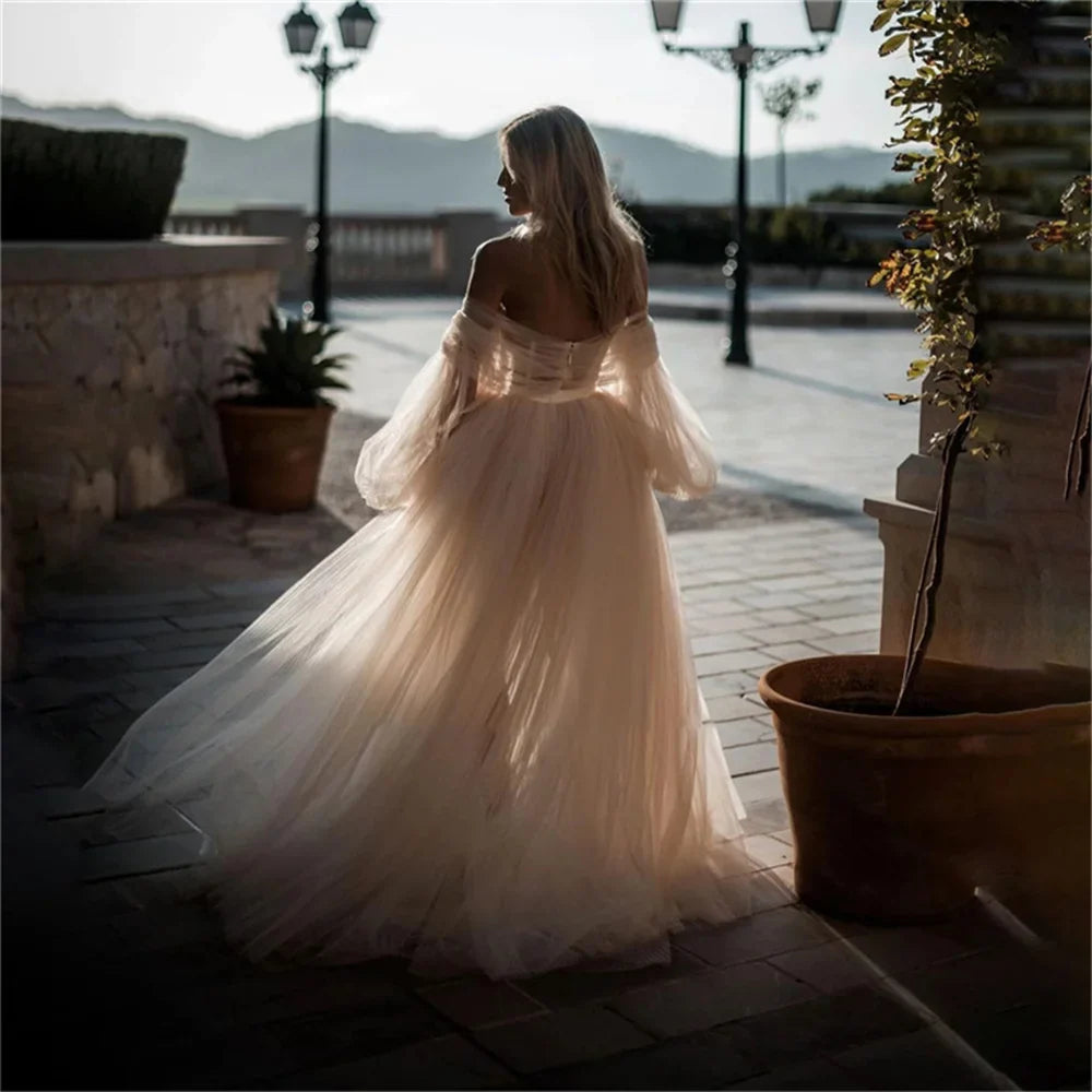 Off Shoulder Beige Tulle Prom Dress