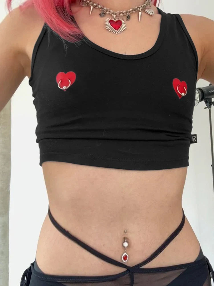 Heart Print Metal Ring Casual Streetwear Cami Top