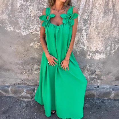 Loose Sleeveless Solid Maxi Floral Dress