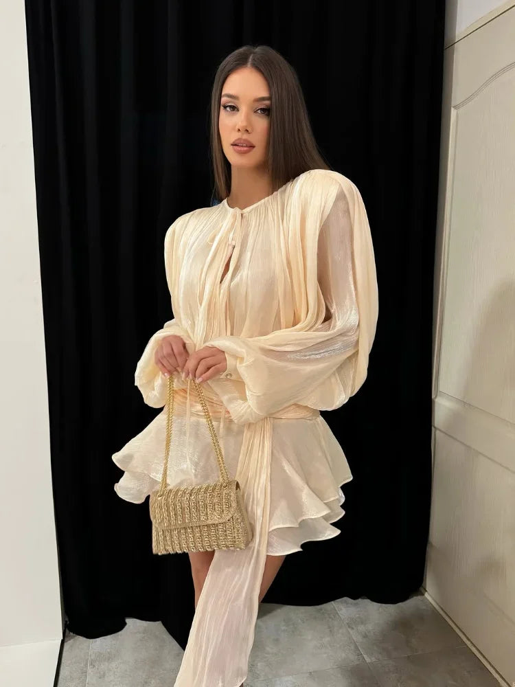 Shiny Pleated Full Sleeve Round Neck Lace Up Work Dress