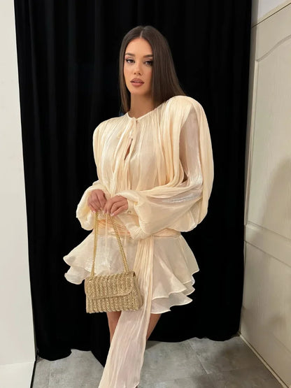 Shiny Pleated Full Sleeve Round Neck Lace Up Work Dress