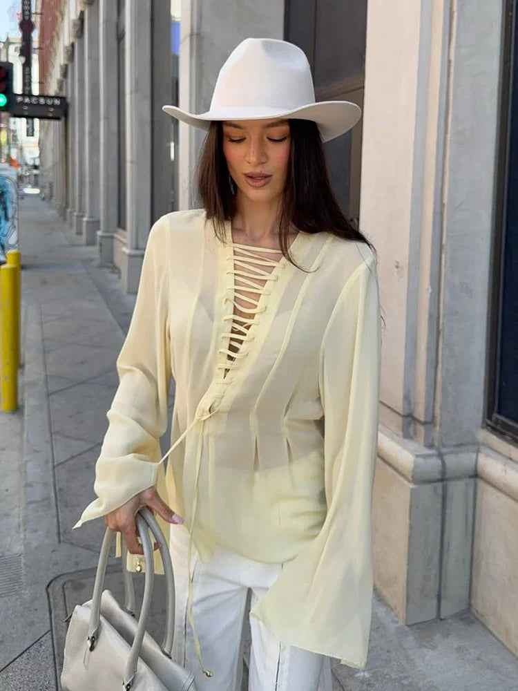 Light Yellow Chiffon Flare Sleeve Blouse