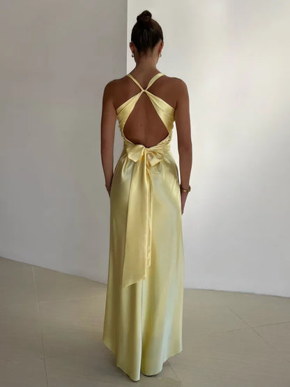 Satin Ruched Backless Maxi Dress