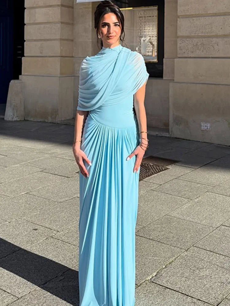 Pleated Stand Neck Blue Maxi Dress