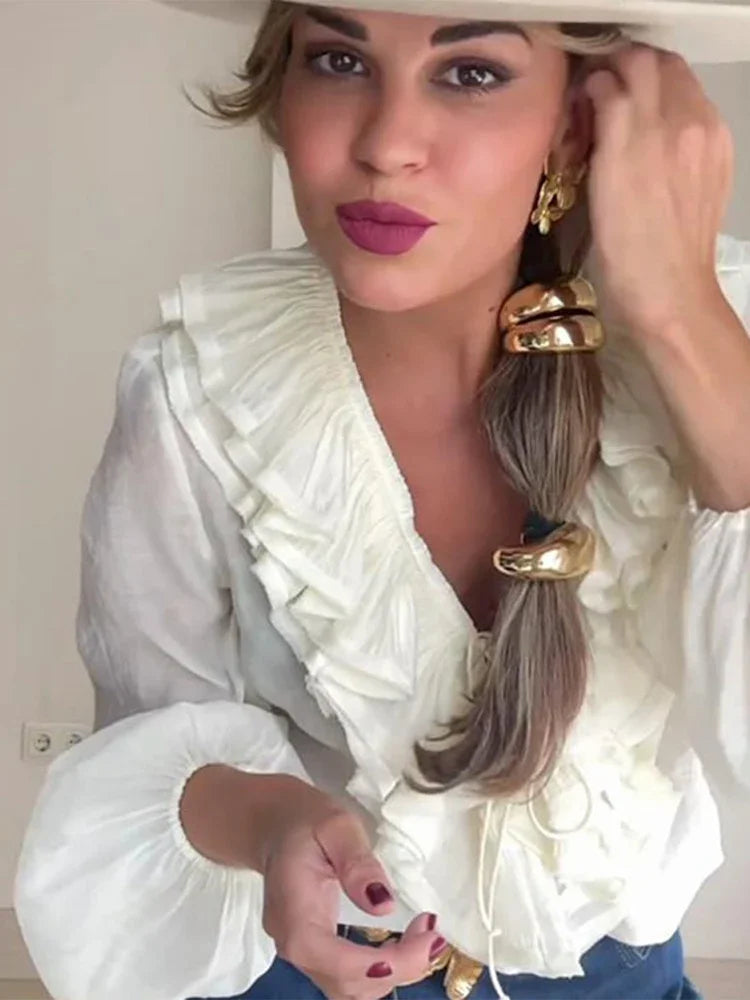 Women Ruffles Lace Up White V-neck Flared Blouse