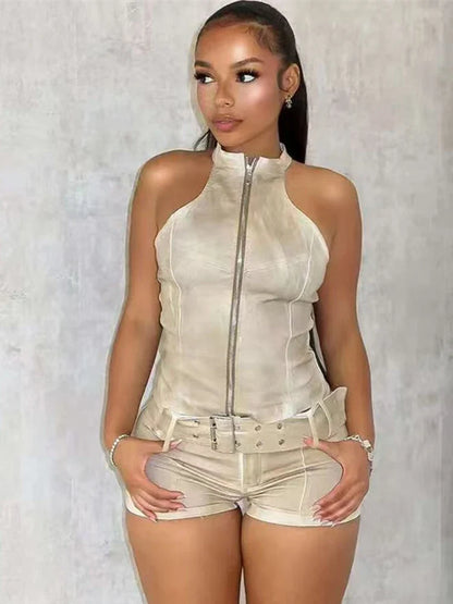 Distressed Denim Zipper Sleeveless Crop Top Two Piece Shorts Set