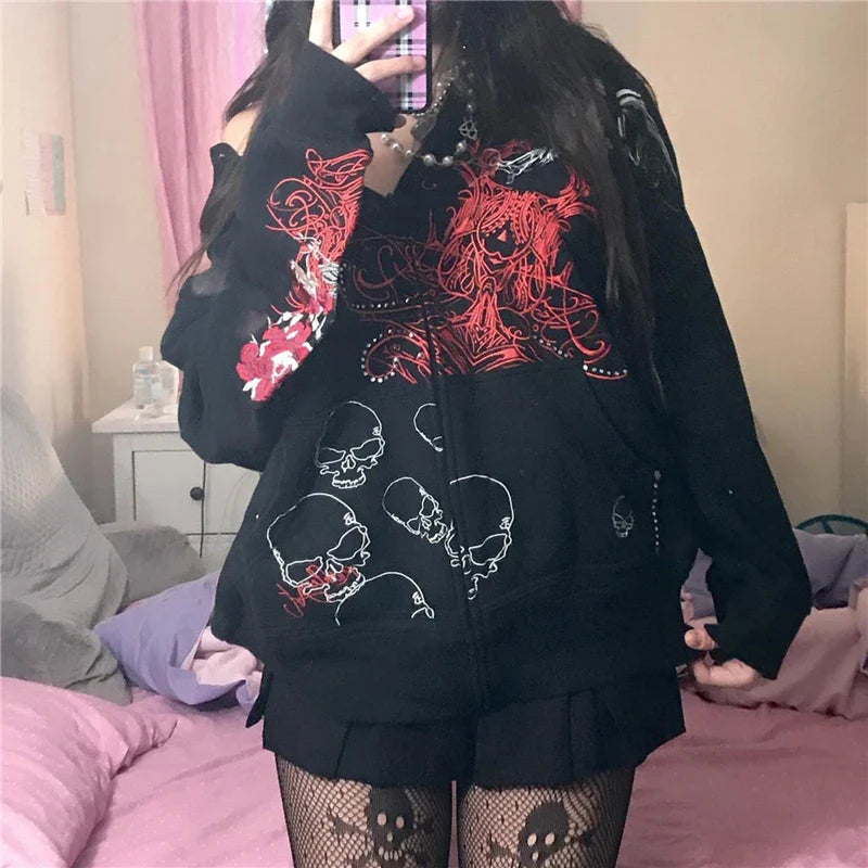Skull Print Fairy Grunge Hoodie