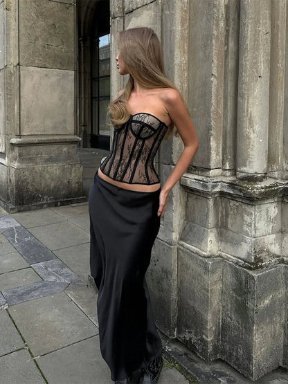 Mesh Lines Patchwork Backless Strapless