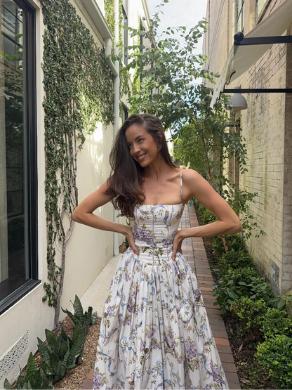 High Waist Pleated Sleeveless Floral Dress