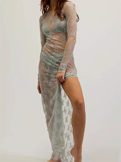 High Slit Swimwear Cover-Up Long Lace Dress