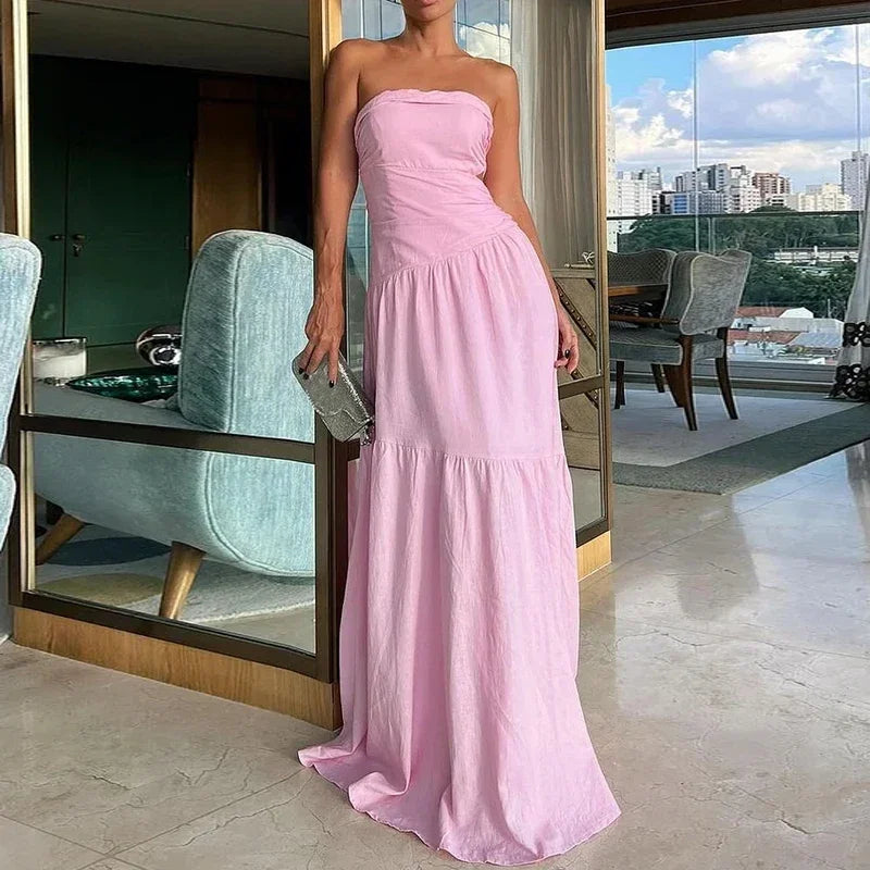 Cutout Pleated Off Shoulder Maxi Dress