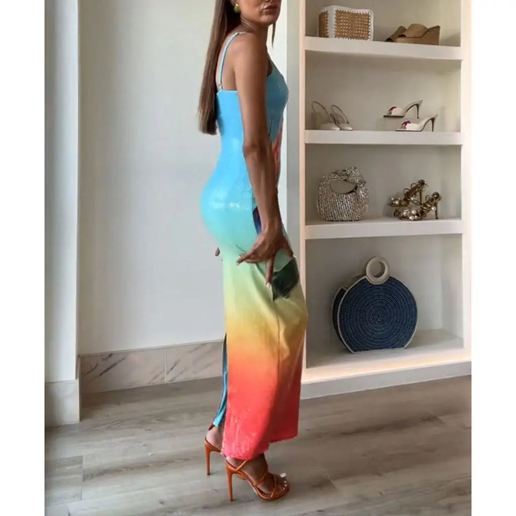 Square Neck Sequined Slit Floral Dress