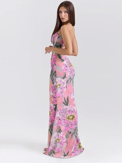 Dot Halter Slim Cleavage Floral Dress